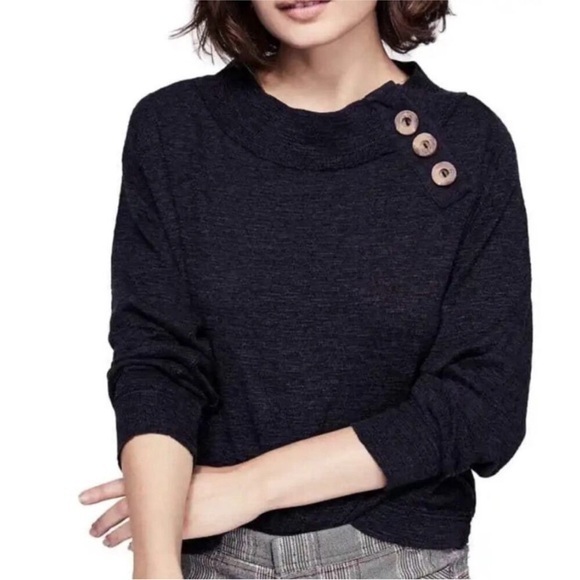 Free People We The Free Black Don't Forget Me Long Sleeve Knit 3 Button Shirt